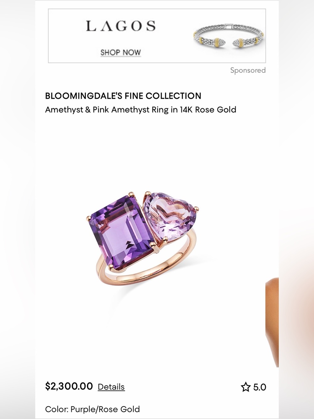 Bloomingdale's Purple and Pink Amethyst Rose Gold Ring